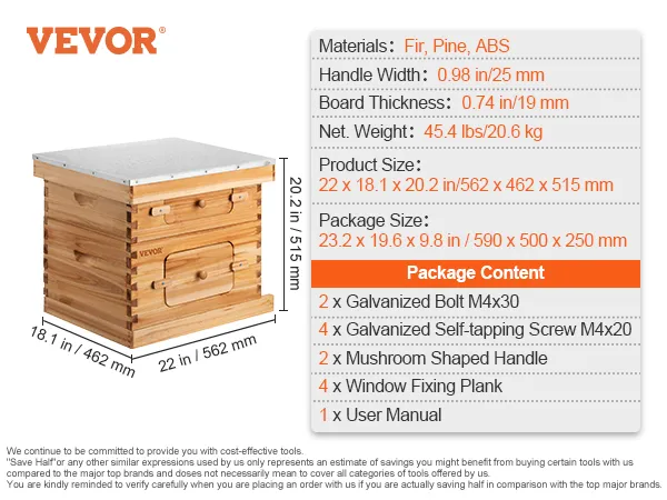 VEVOR beehive box kit dimensions, materials, beeswax treatment, and package contents.