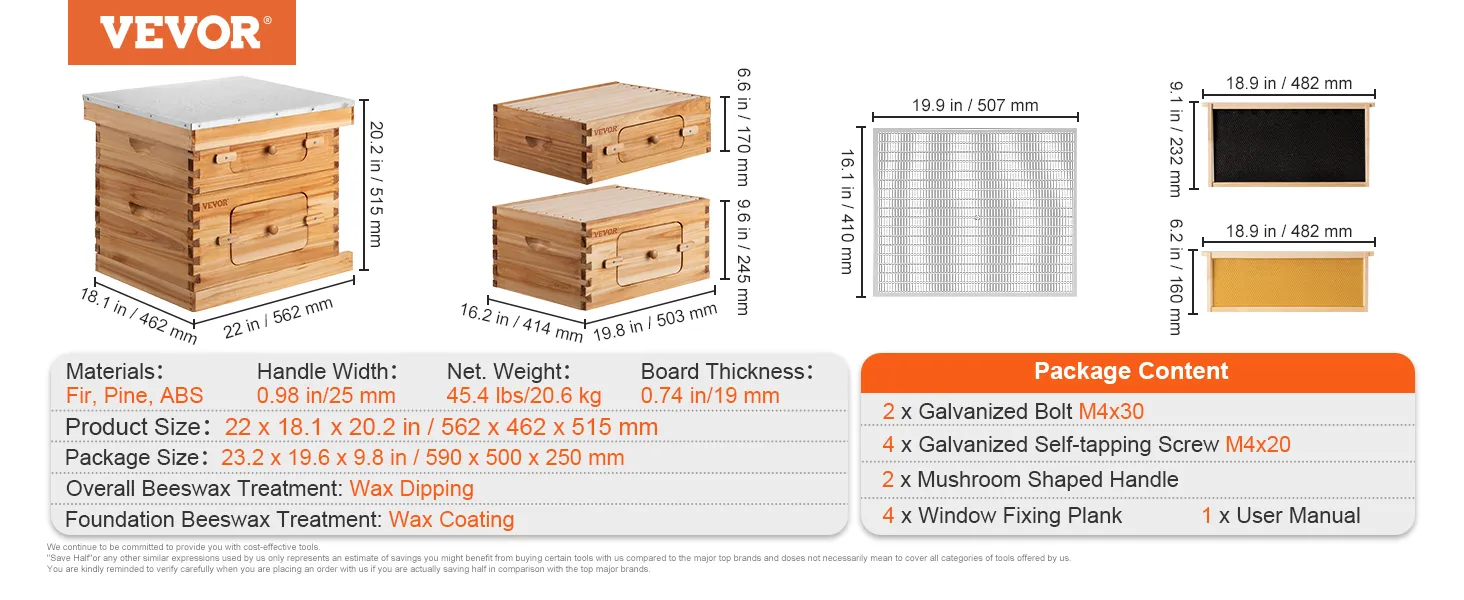 VEVOR beehive box kit dimensions, materials, beeswax treatment, and package contents.