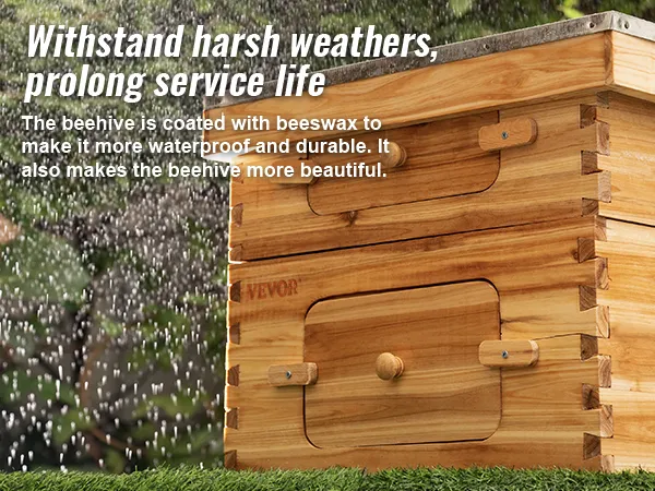 VEVOR beehive box kit in rain, showing wooden structure with beeswax coating for durability.