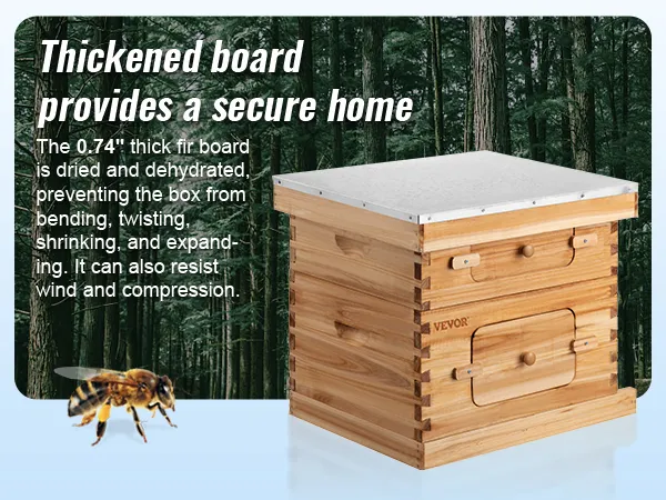 VEVOR beehive box kit made from 0.74" thick fir board in a forest setting with bee illustration.