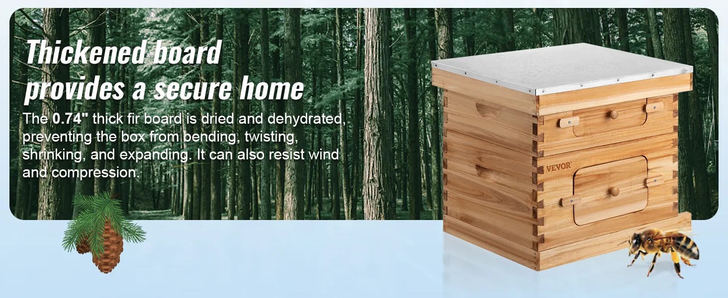 VEVOR beehive box kit made from 0.74" thick fir board in a forest setting with bee illustration.