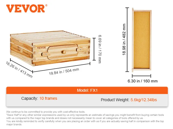 VEVOR beehive kit dimensions and details shown, including 10 frames and weight of 5.6kg/12.34lbs. model fx1.