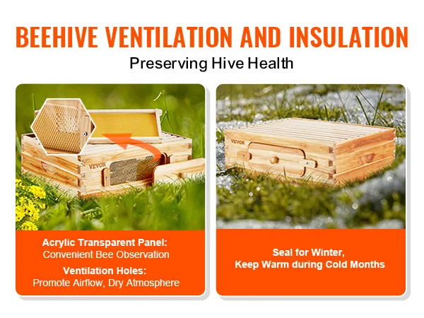 VEVOR beehive kit with acrylic panel and ventilation holes for optimal bee observation and insulation.