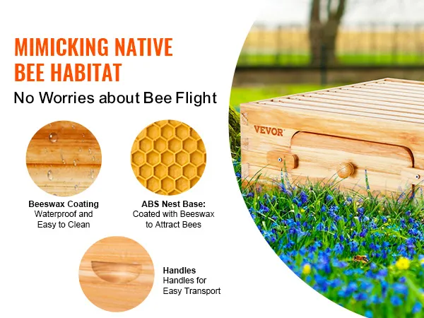 VEVOR beehive kit with beeswax coating, abs nest base, and handles for easy transport in a field.