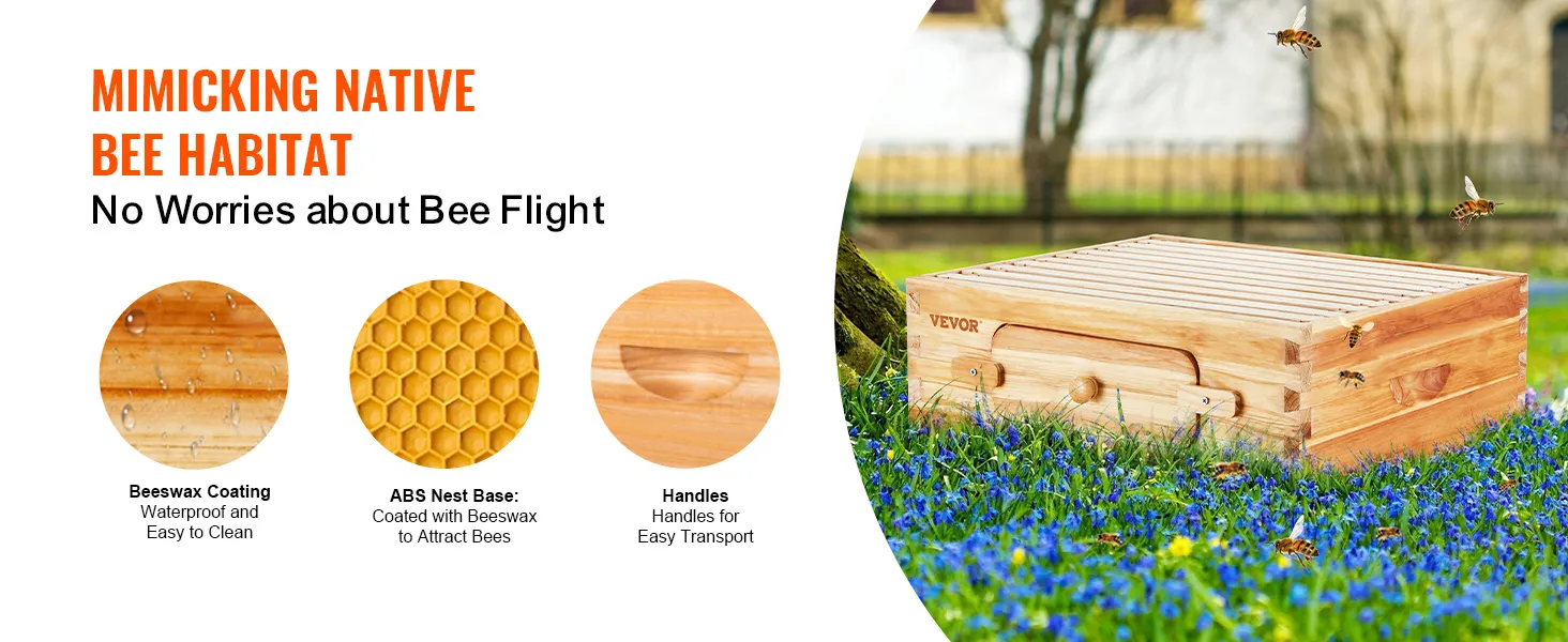 VEVOR beehive kit with beeswax coating, abs nest base, and handles for easy transport in a field.