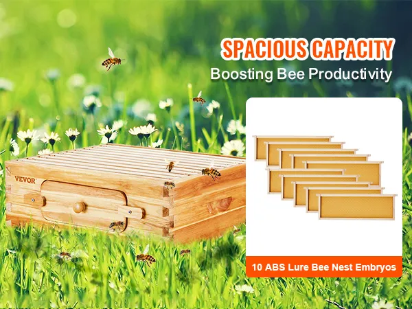VEVOR beehive kit on a grassy field, showcasing spacious wooden hive and 10 abs lure bee nest embryos.
