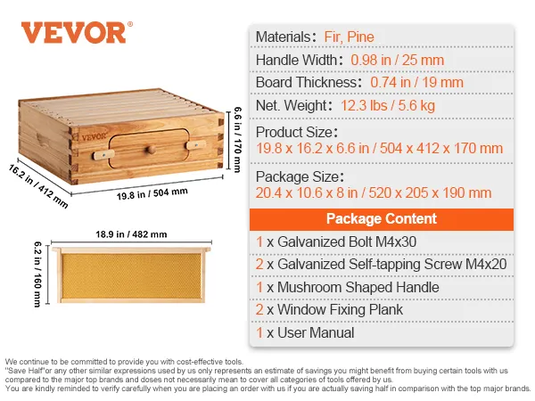 VEVOR bee hive kit with fir and pine, 19.8 x 16.2 x 6.6 inches, wax coated, package contents listed.