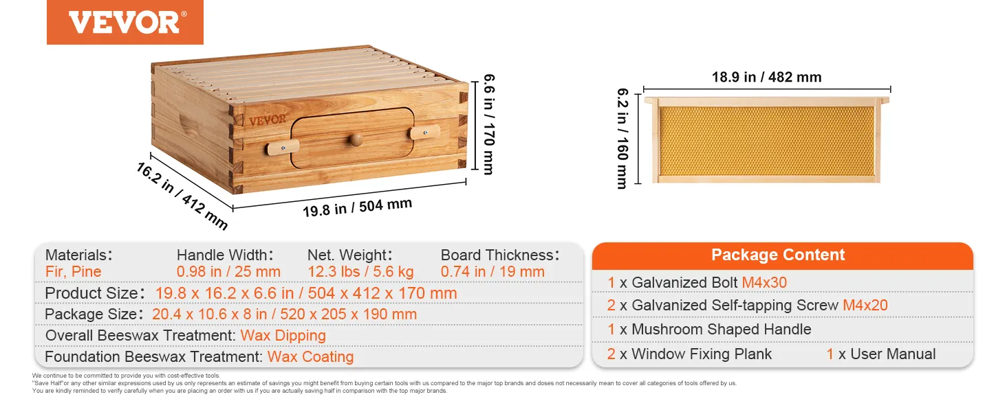 VEVOR bee hive kit with fir and pine, 19.8 x 16.2 x 6.6 inches, wax coated, package contents listed.