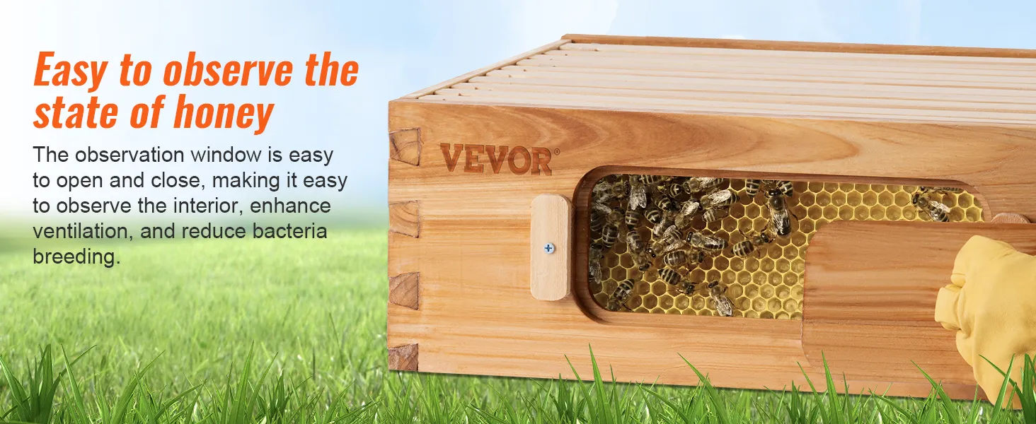 VEVOR bee hive kit with observation window, showcasing easy interior access and enhanced ventilation.