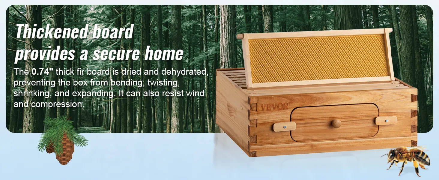 VEVOR bee hive kit with thickened fir board offers durability against bending and weather conditions.