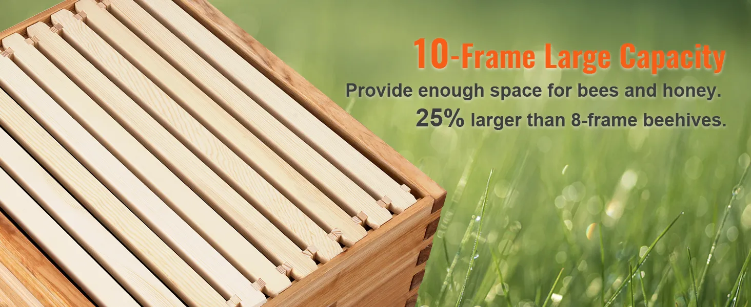 VEVOR bee hive kit with 10-frame large capacity, 25% larger than 8-frame beehives on green grass background.
