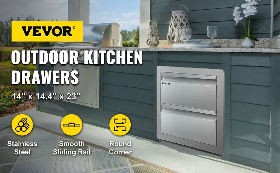 VEVOR outdoor kitchen drawers in stainless steel with smooth sliding rail and round corners.