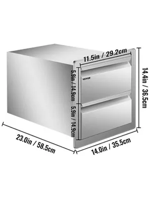 VEVOR outdoor kitchen drawers with dimensions labelled; 23in depth, 14in width, 14.4in height.