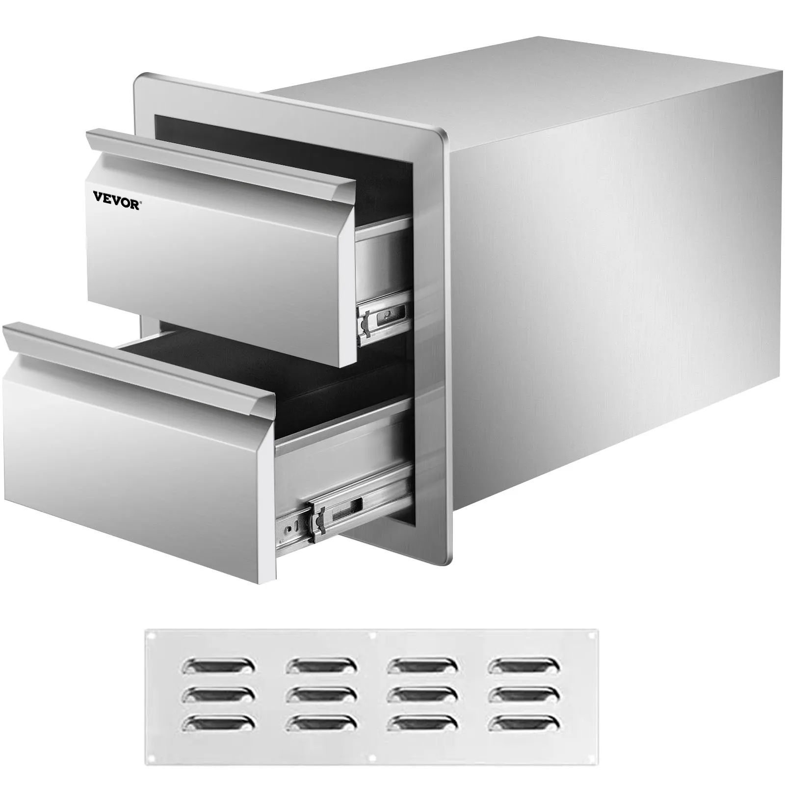 VEVOR outdoor kitchen drawers with two stainless steel pull-out drawers and vent panel.