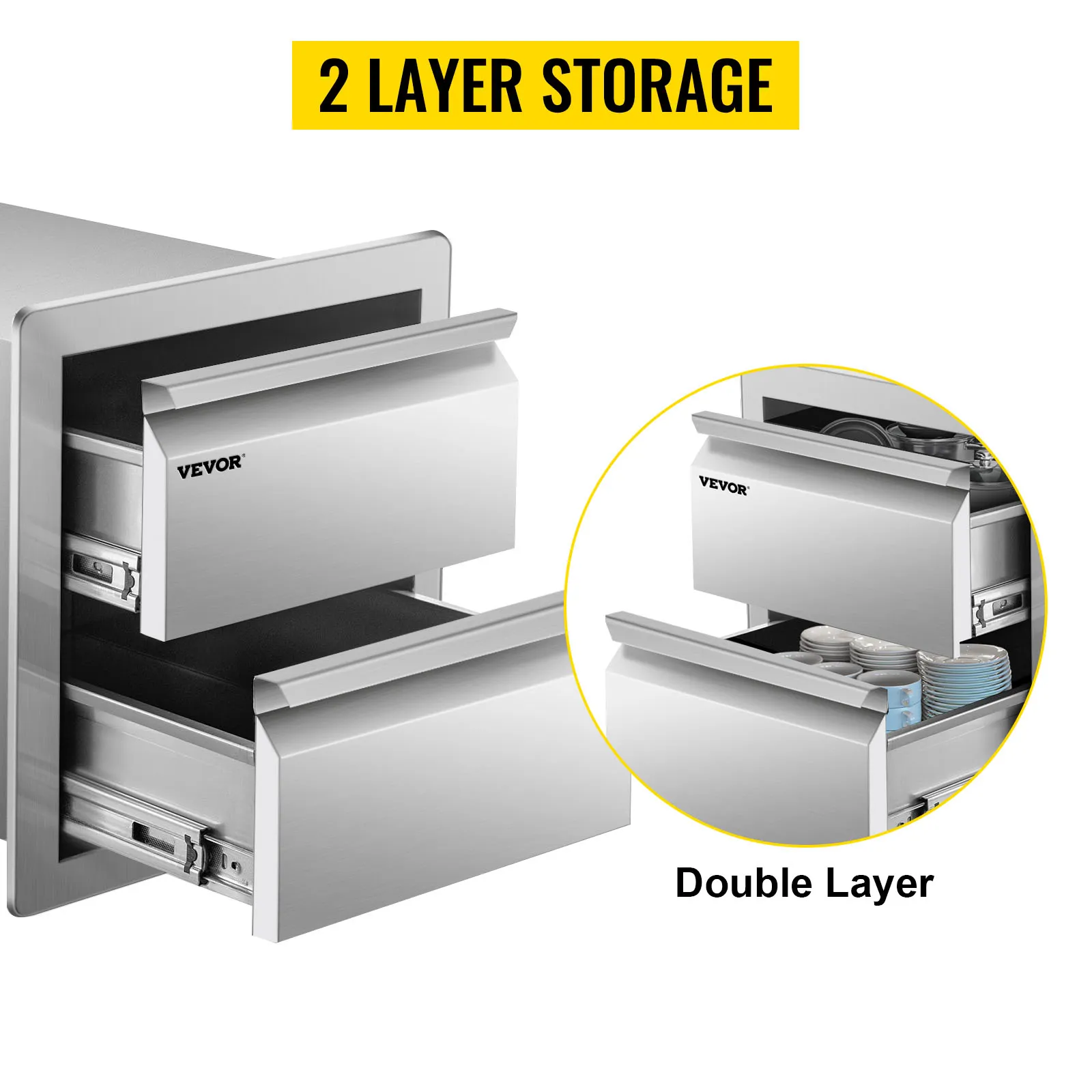 VEVOR outdoor kitchen drawers, double-layer stainless steel storage units.