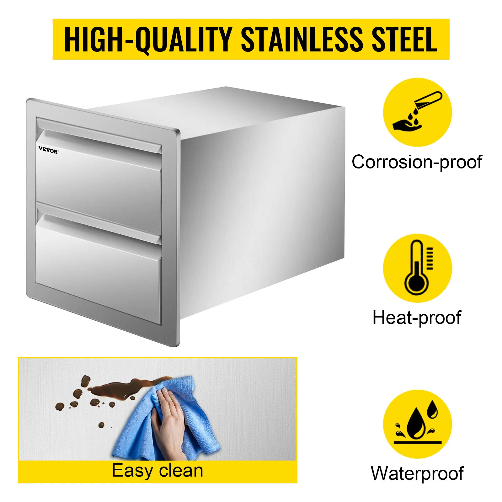 VEVOR outdoor kitchen drawers in stainless steel, corrosion-proof, heat-proof, and waterproof.