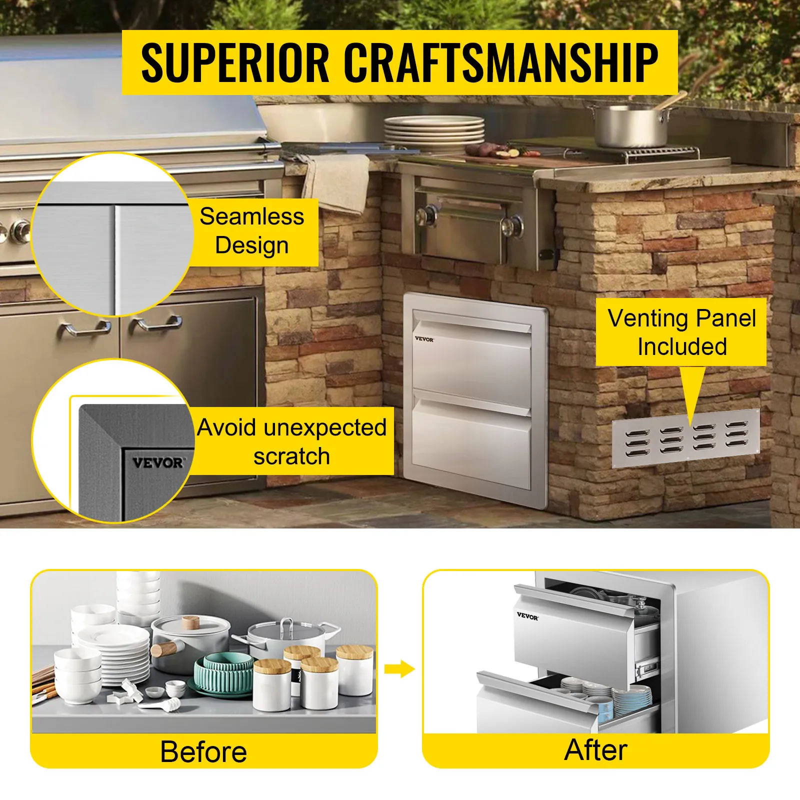 VEVOR outdoor kitchen drawers with seamless design and venting panel included.