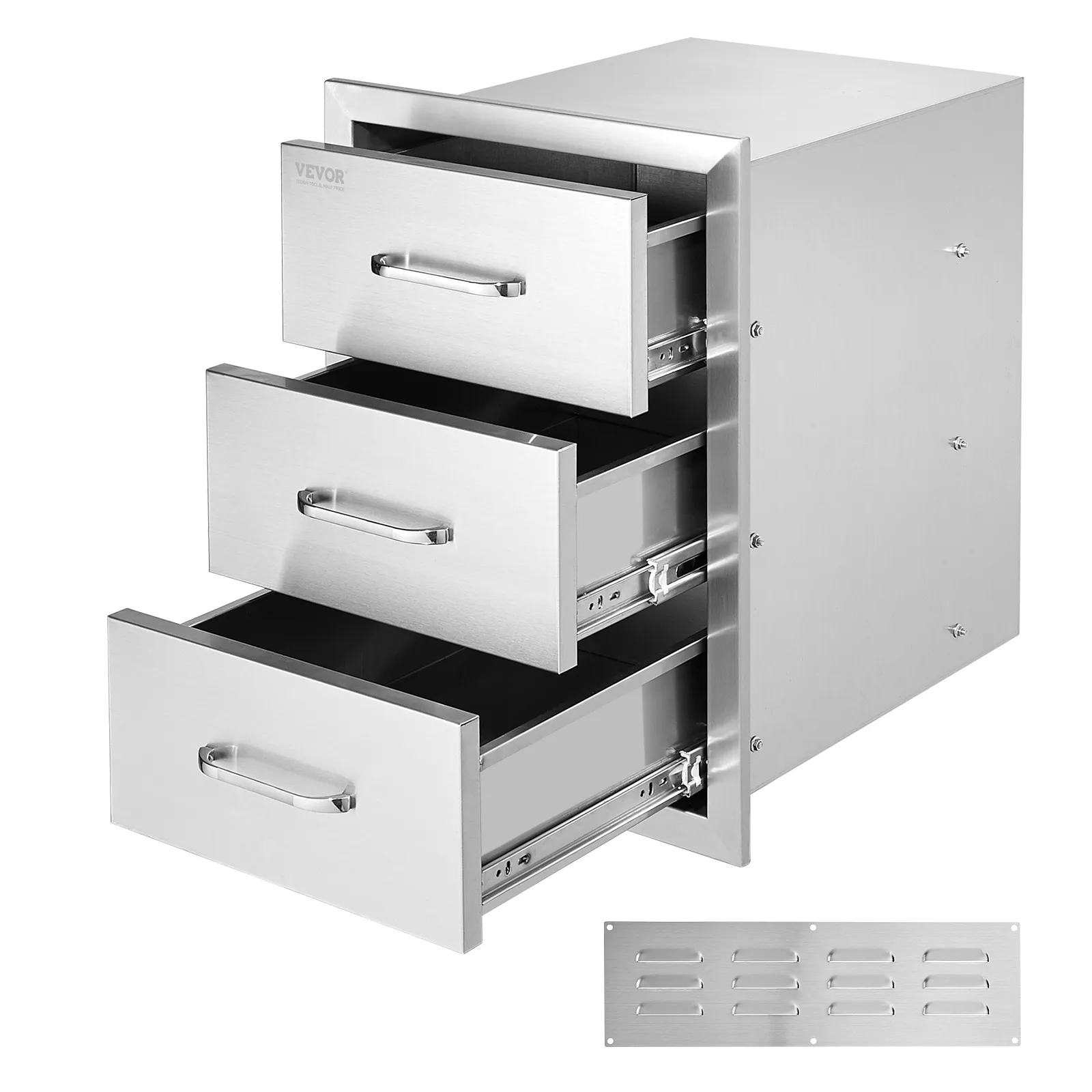 VEVOR stainless steel chest of drawers with three pull-out drawers.