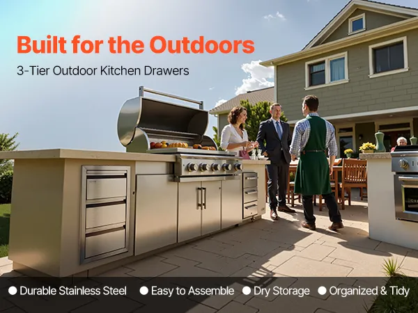 VEVOR outdoor kitchen drawers in a brick setup with grill, sink, and utensils.