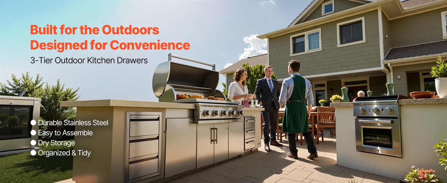 VEVOR outdoor kitchen drawers in a brick setup with grill, sink, and utensils.