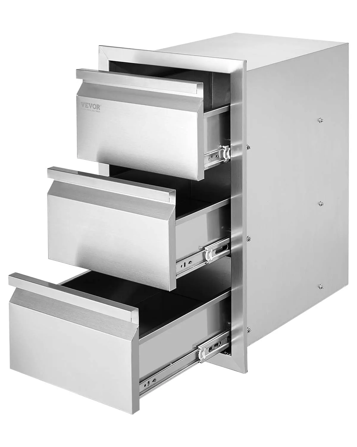 VEVOR outdoor kitchen drawers in stainless steel with three large compartments.