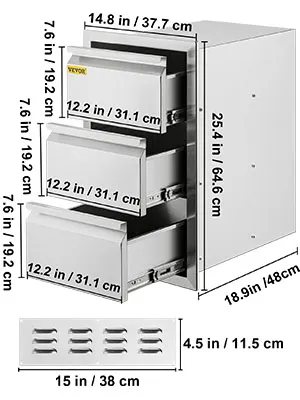 VEVOR outdoor kitchen drawers with dimensions labeled in inches and centimeters.