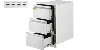 VEVOR outdoor kitchen drawers in stainless steel with three pull-out drawers and vent.