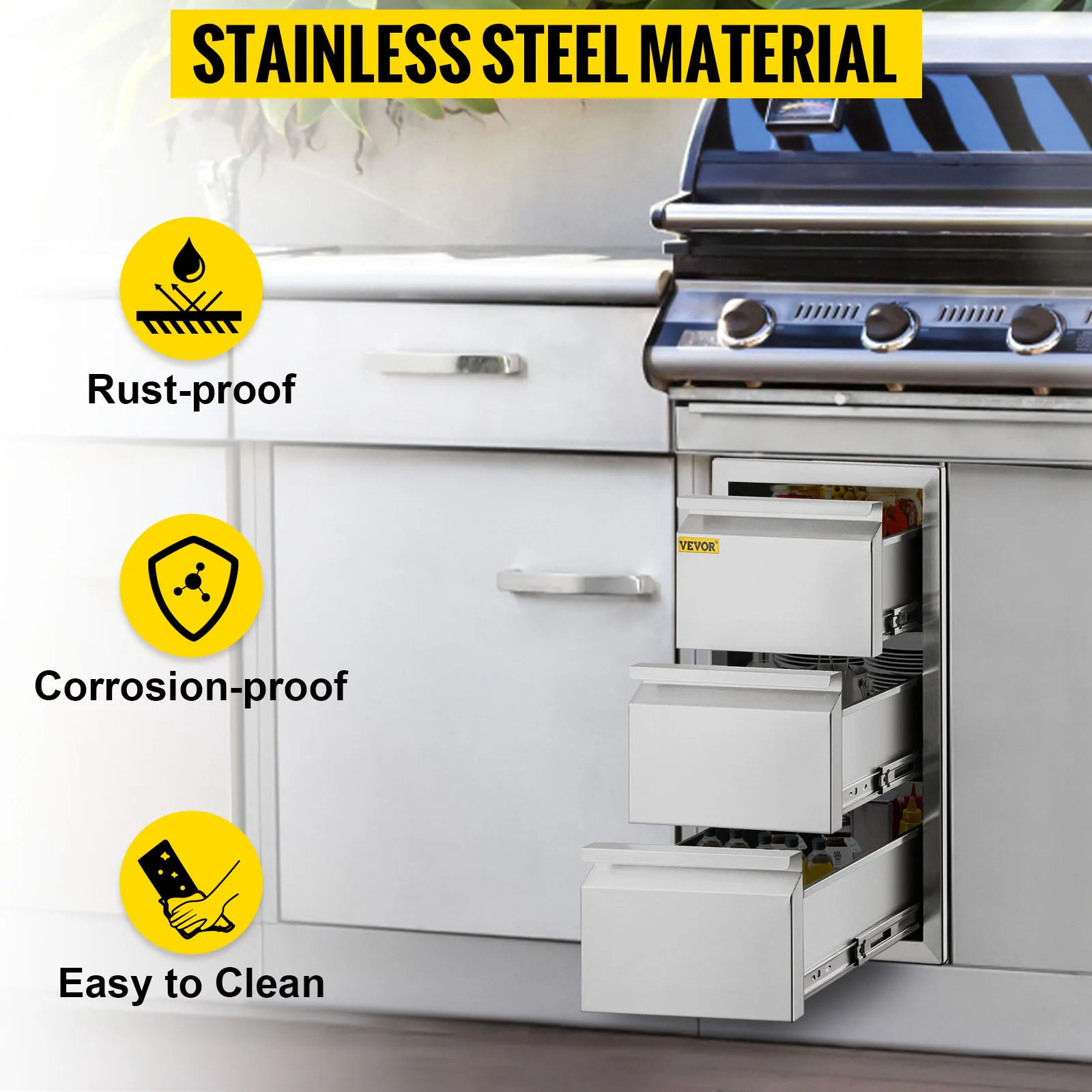 VEVOR outdoor kitchen drawers in stainless steel, featuring rust-proof and corrosion-proof properties.