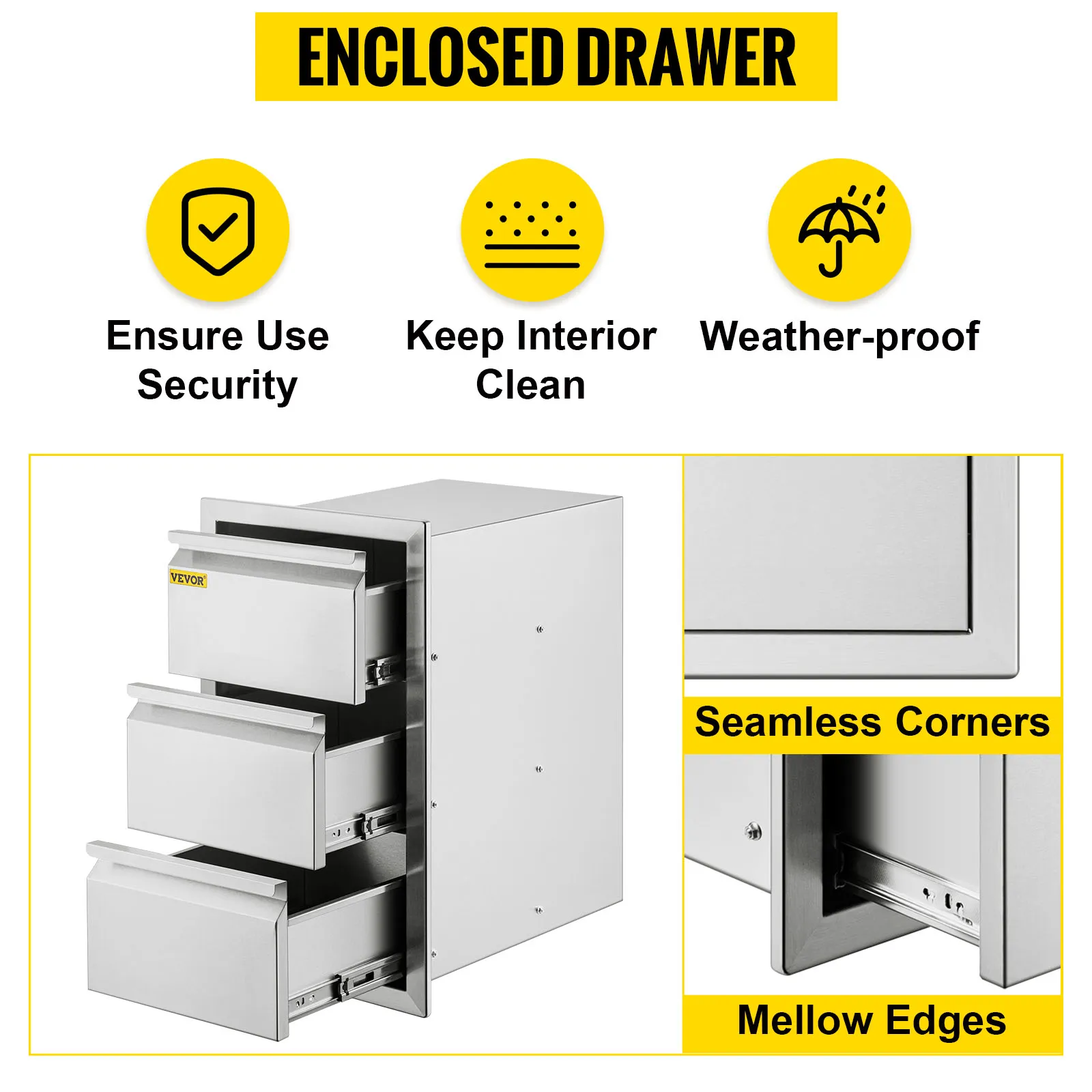 VEVOR outdoor kitchen drawers with seamless corners, mellow edges, and weather-proof design.