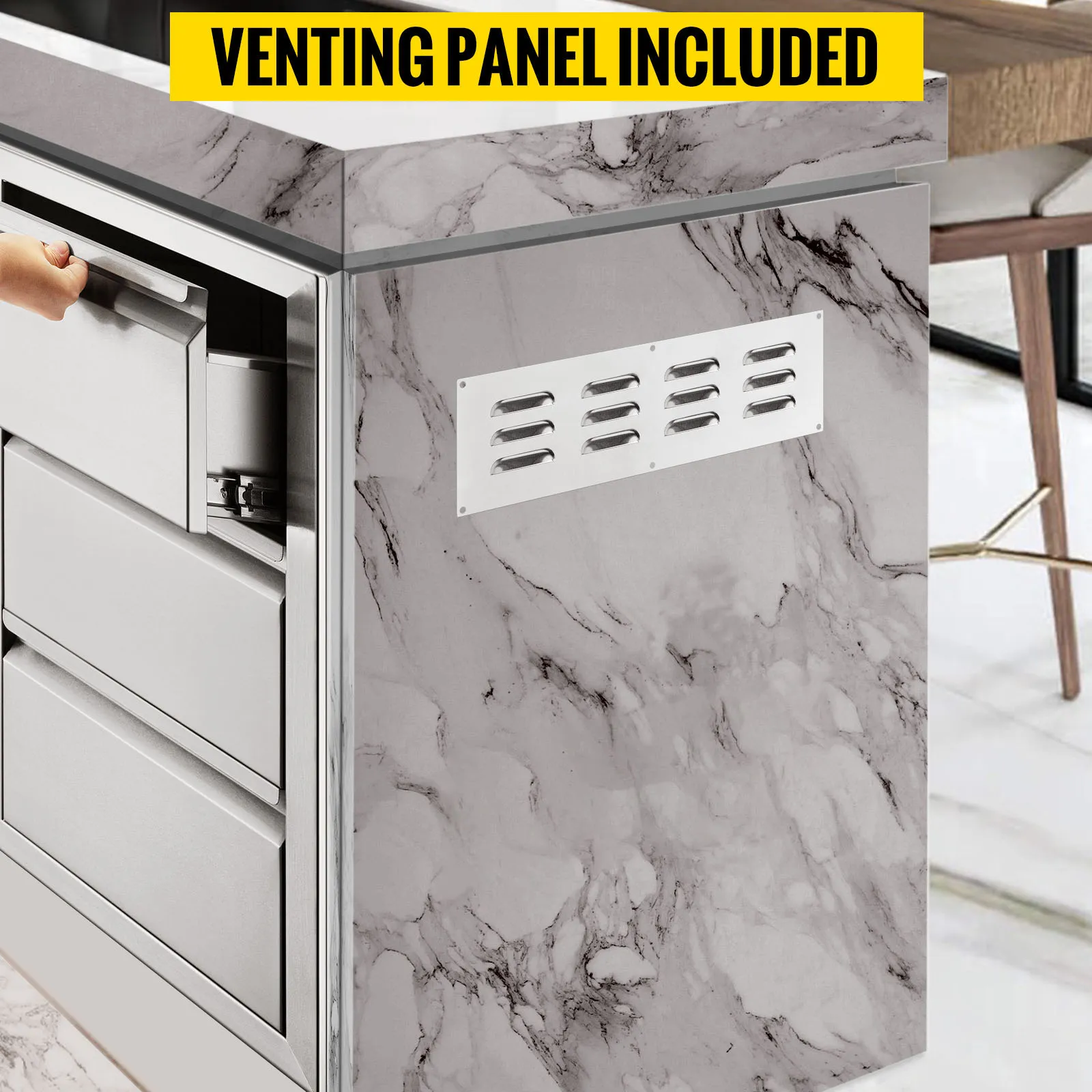 VEVOR outdoor kitchen drawers with a sleek marble finish and venting panel included.