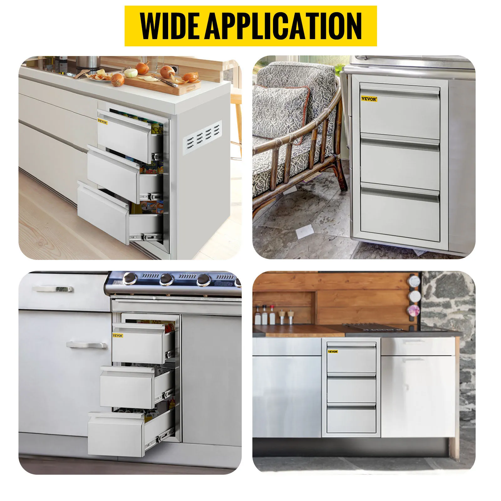 VEVOR outdoor kitchen drawers in various settings for storage and organization. wide application.