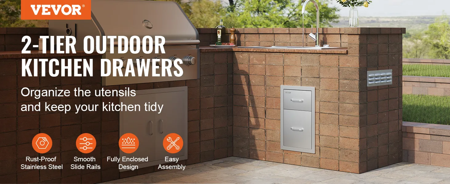 VEVOR 2-tier outdoor kitchen drawers for organizing utensils in a brick outdoor setup.