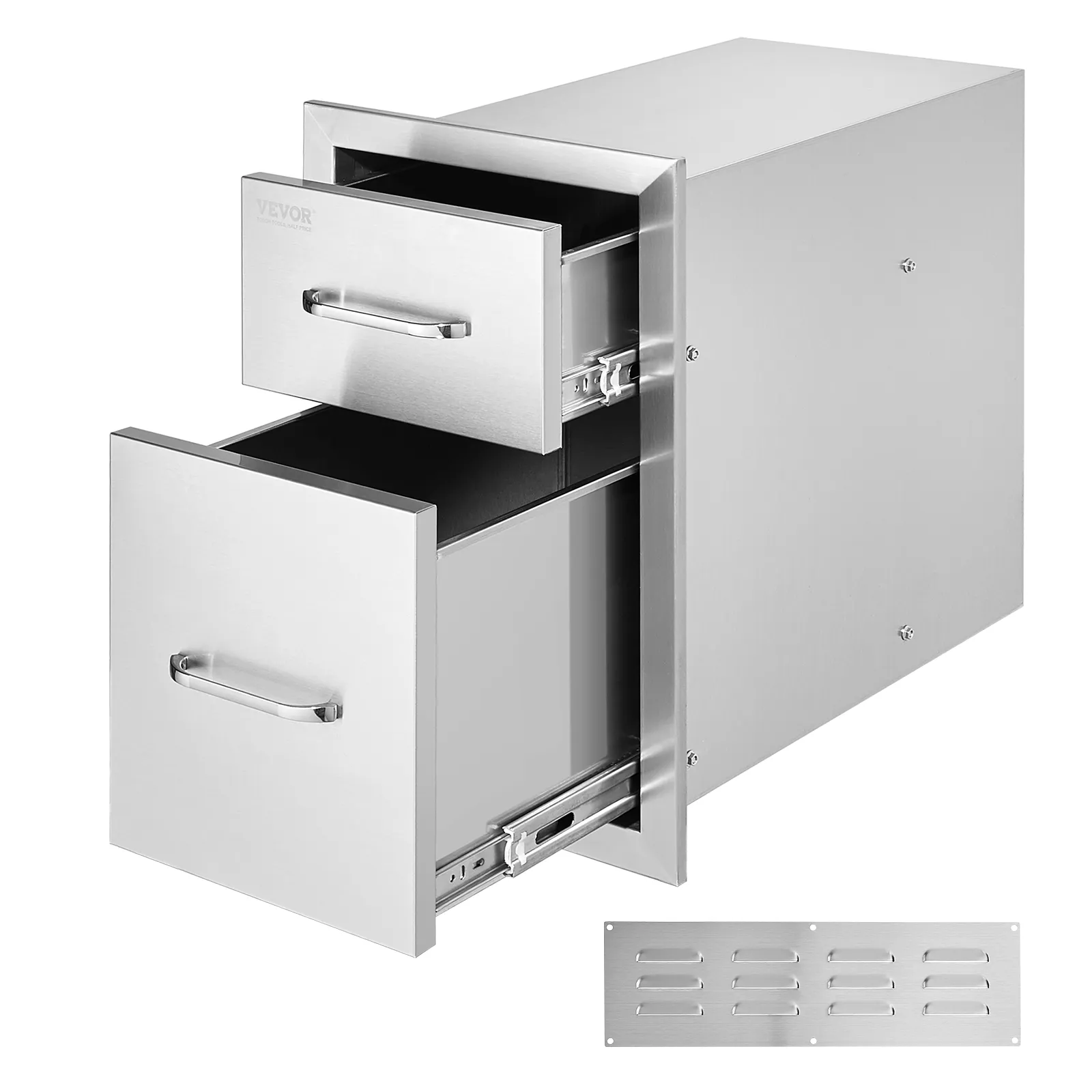 stainless steel VEVOR outdoor kitchen drawers with handles and vent panel.