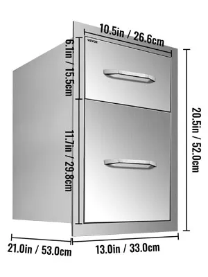 VEVOR outdoor kitchen drawers with dimensions: 20.5in h, 13in w, 21in d.
