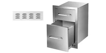 stainless steel VEVOR outdoor kitchen drawers with dual compartments and vent cover.