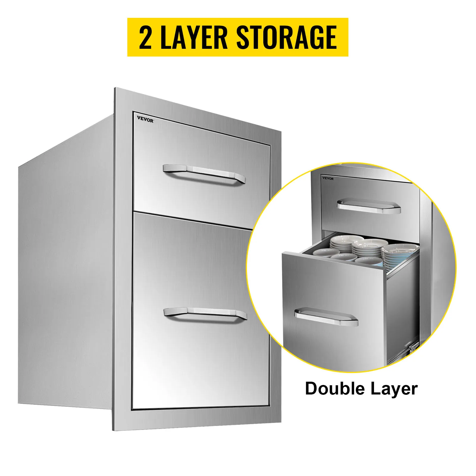 VEVOR outdoor kitchen drawers with double-layer storage, shown both closed and open.