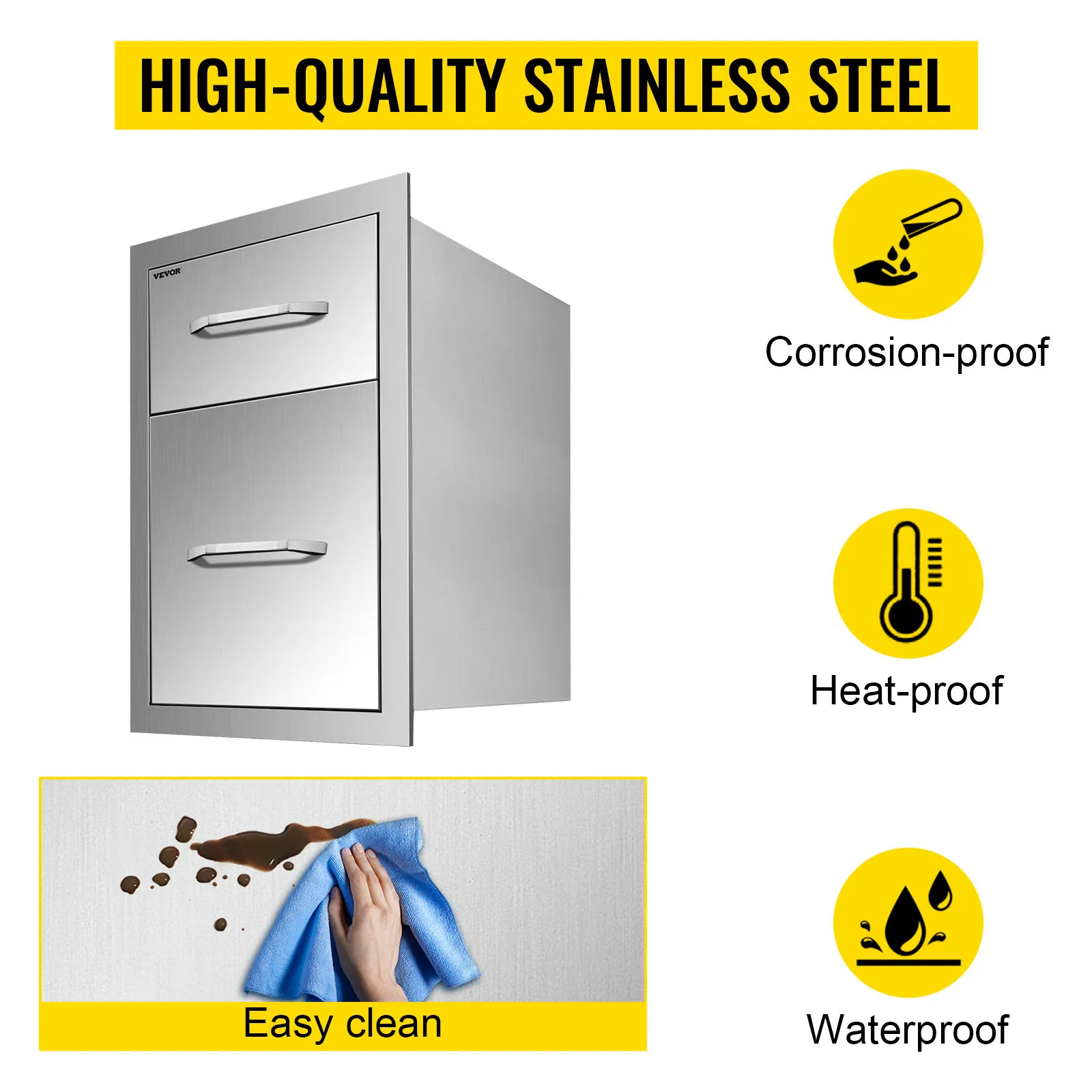 VEVOR outdoor kitchen drawers in high-quality stainless steel, corrosion-proof and heat-proof.