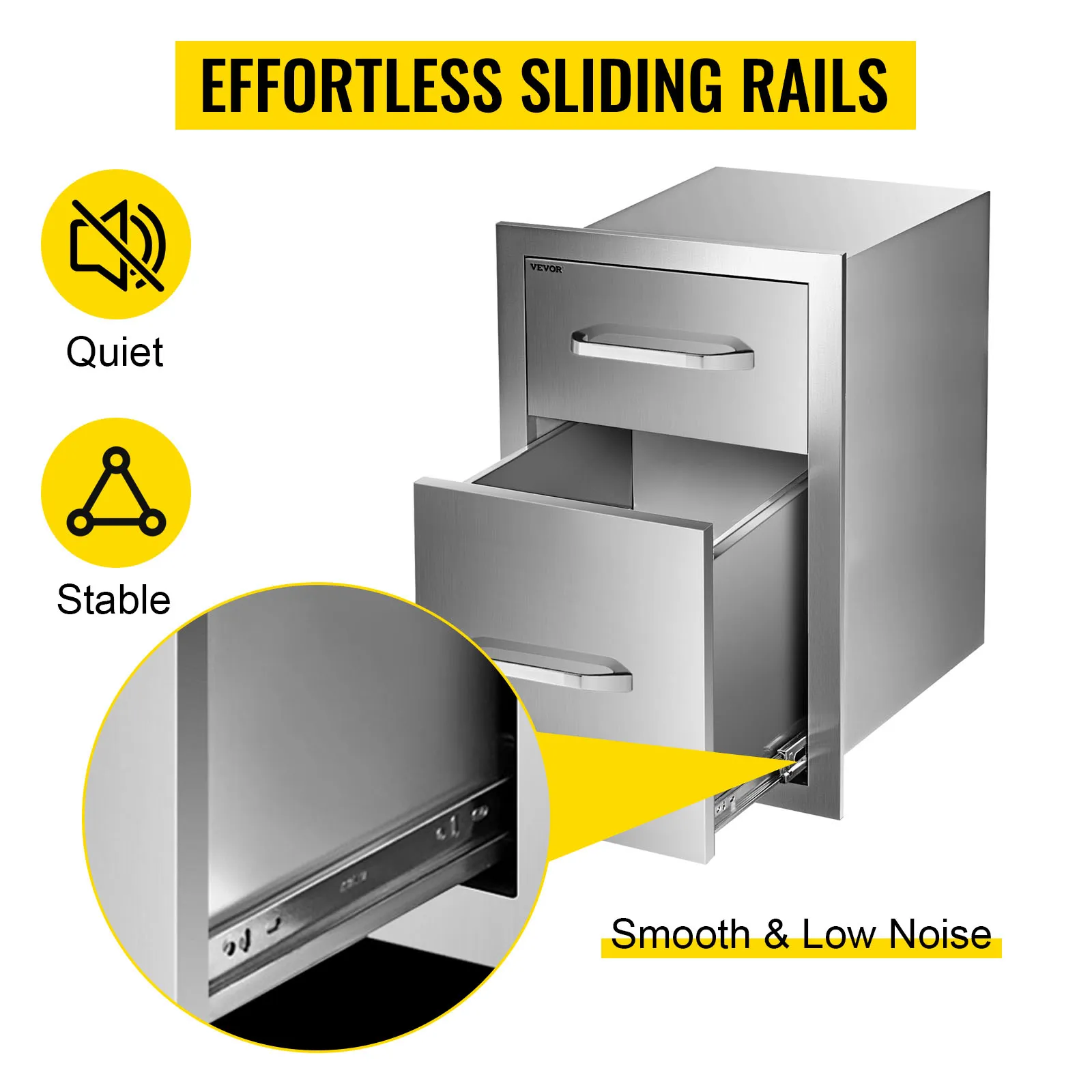 effortless sliding rails on VEVOR outdoor kitchen drawers, smooth and stable with low noise.