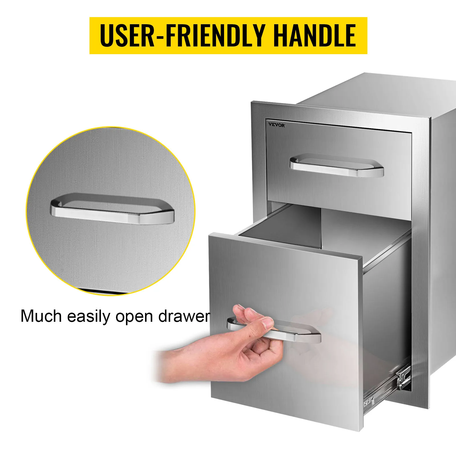 VEVOR outdoor kitchen drawers with user-friendly handle being opened manually.