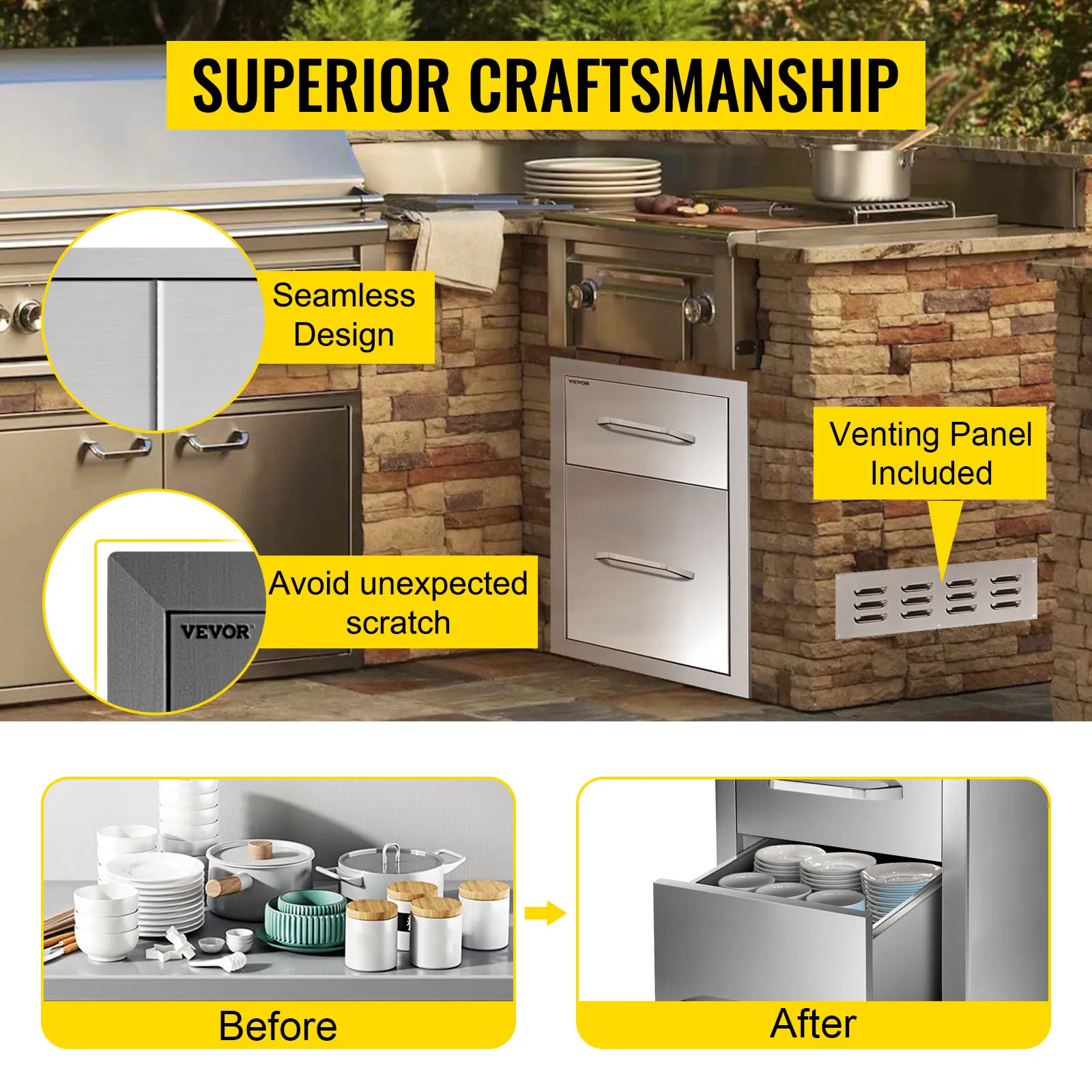 VEVOR outdoor kitchen drawers with seamless design and venting panel, offering superior craftsmanship.