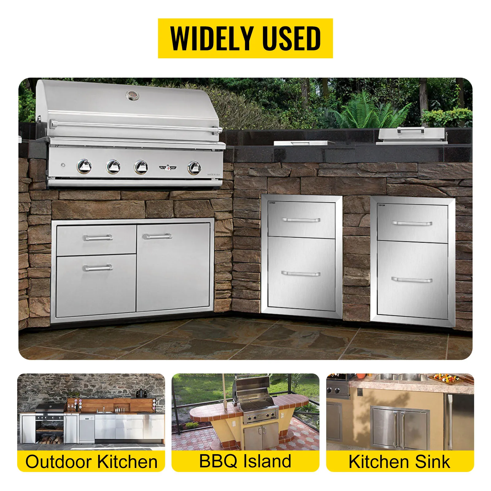 VEVOR outdoor kitchen drawers in a stone kitchen with grill and dual storage cabinets. widely used.