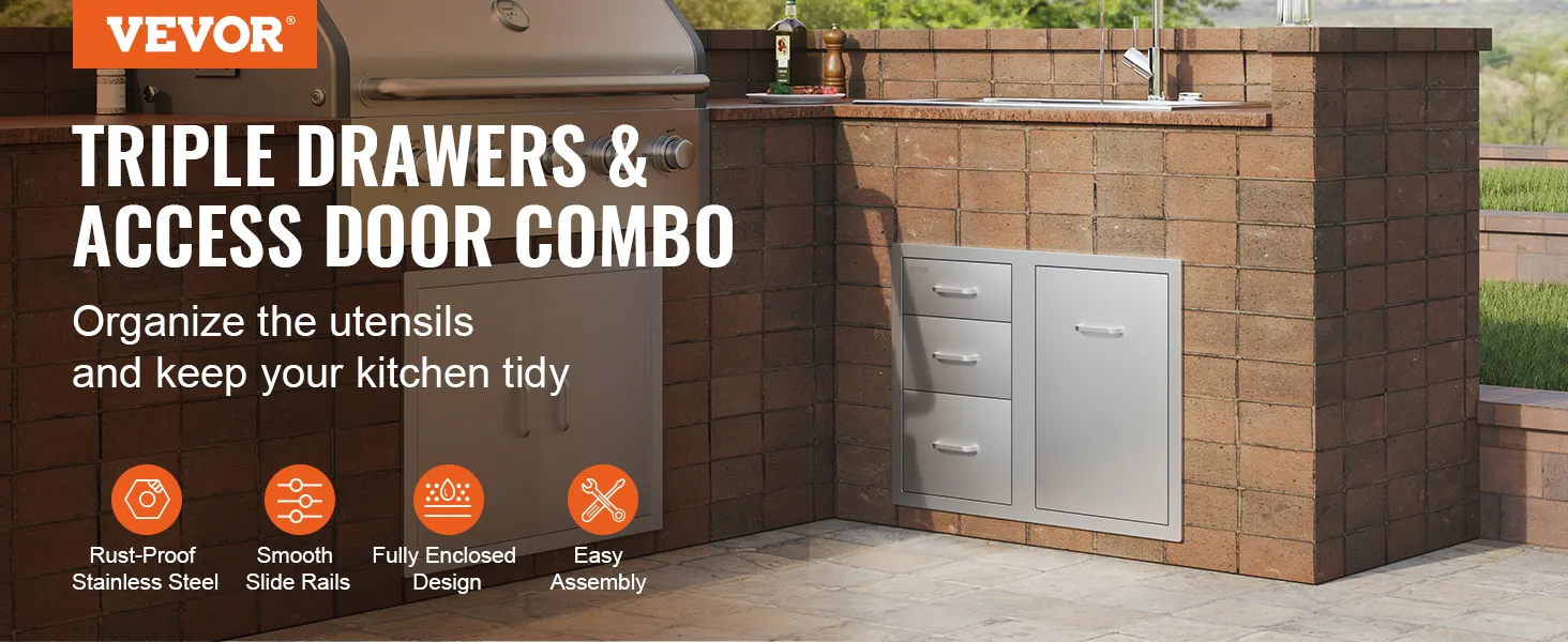 VEVOR outdoor kitchen combo with triple drawers and access door, stainless steel design.