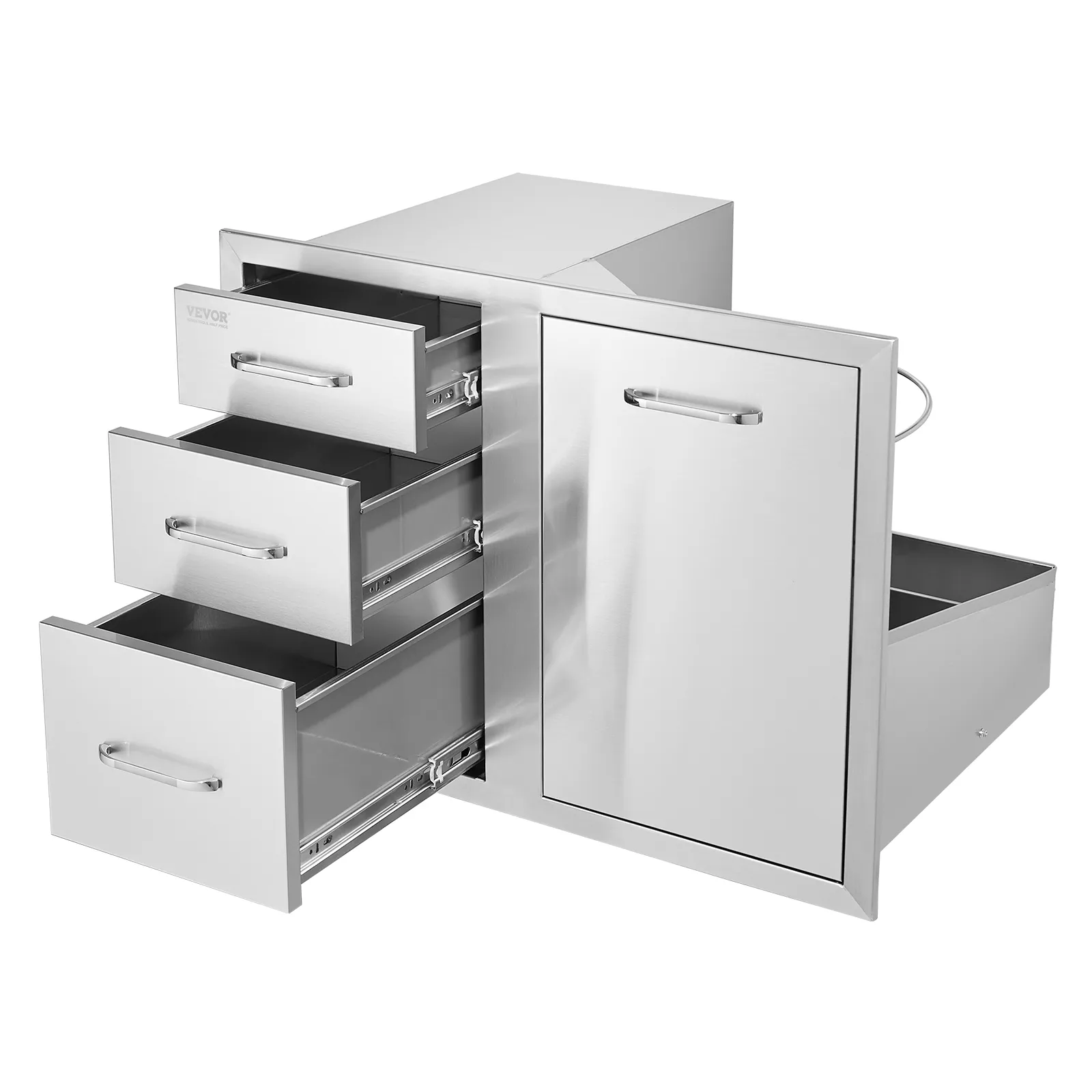 VEVOR outdoor kitchen combo with three open drawers and one closed cabinet in stainless steel.