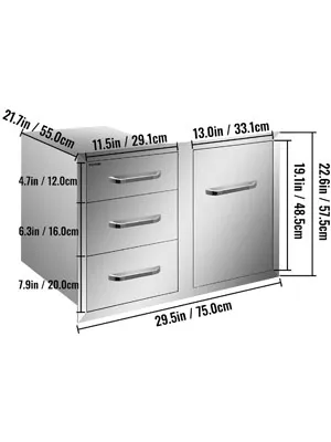 VEVOR outdoor kitchen combo stainless steel drawer and door set with measurements.