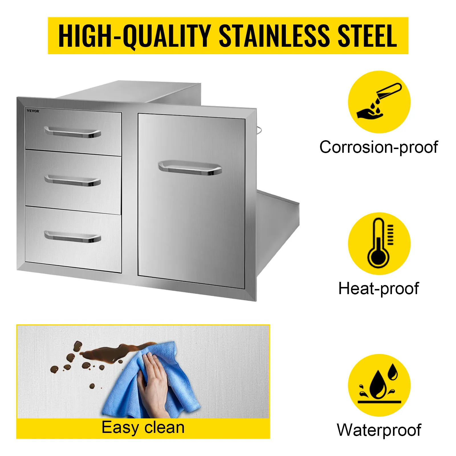 VEVOR outdoor kitchen combo: corrosion-proof, heat-proof, waterproof, easy to clean.