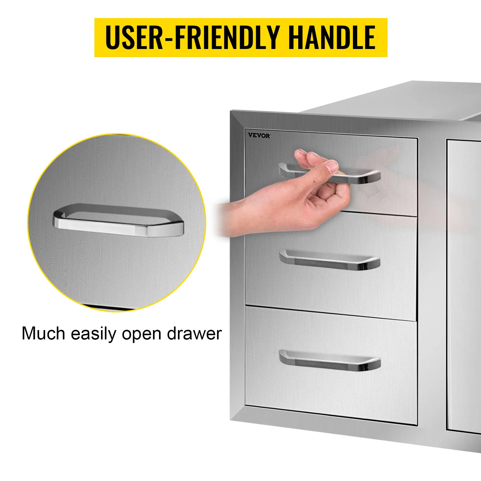 VEVOR outdoor kitchen combo featuring a hand using a user-friendly handle on drawers.