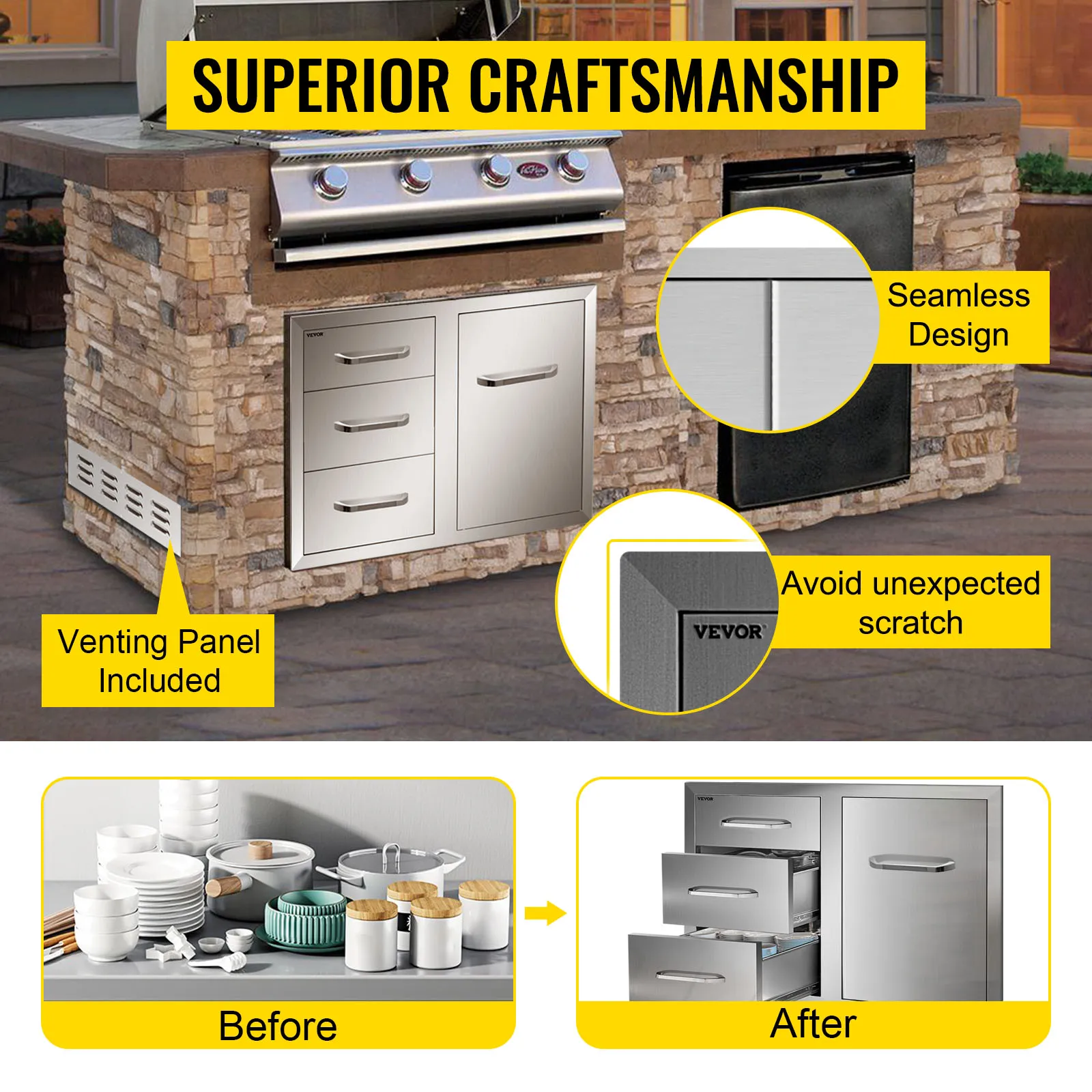 VEVOR outdoor kitchen combo with stainless steel drawers and seamless design.