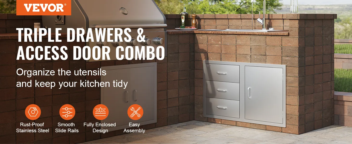 Combinación de cajones para cocina al aire libre VEVOR en una configuración de cocina de ladrillo con parrilla y almacenamiento.