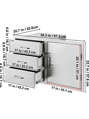 Combinación de cajones para cocina exterior VEVOR con dimensiones mostradas en centímetros y pulgadas.