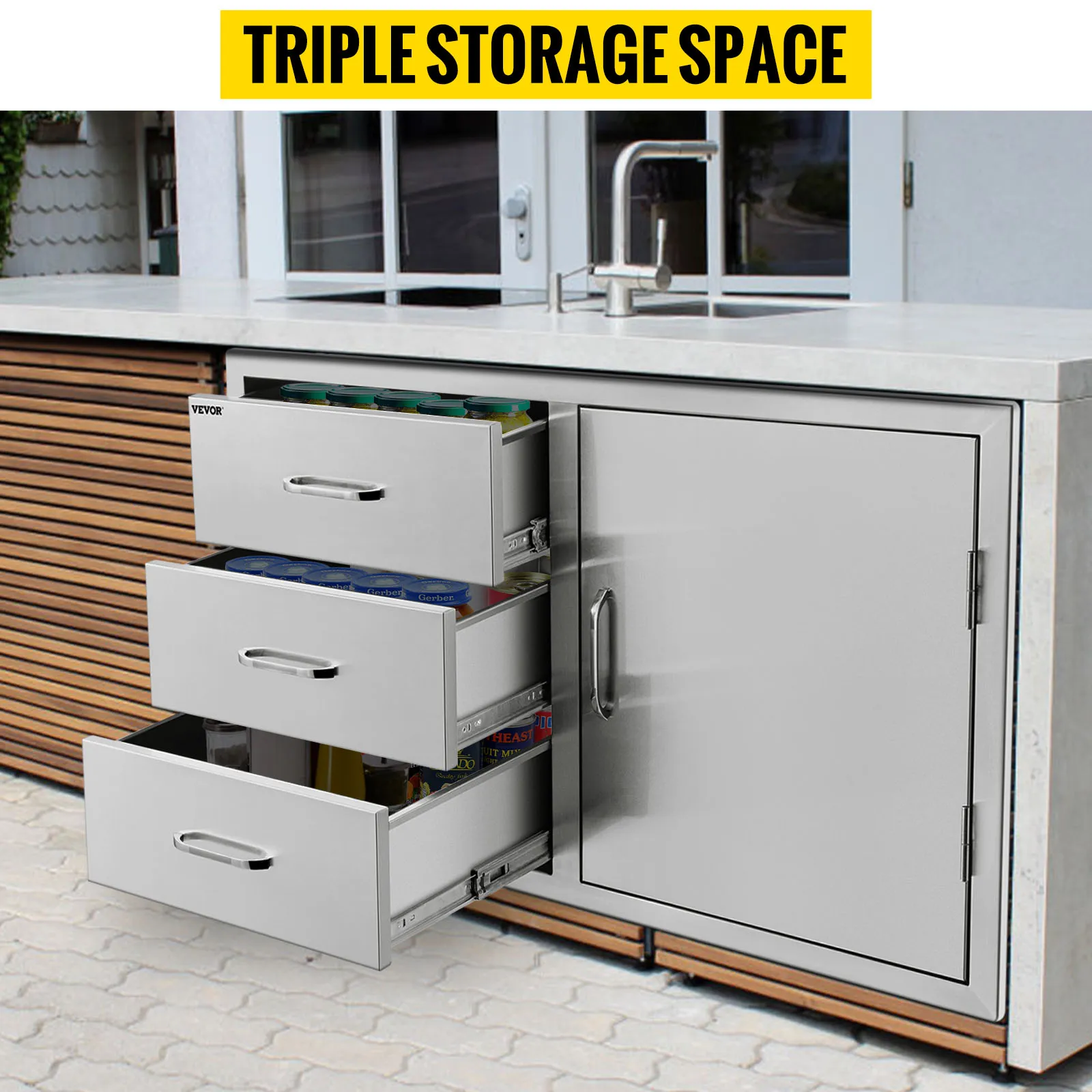 Combinación de cajones para cocina al aire libre VEVOR en una moderna cocina al aire libre con triple espacio de almacenamiento.